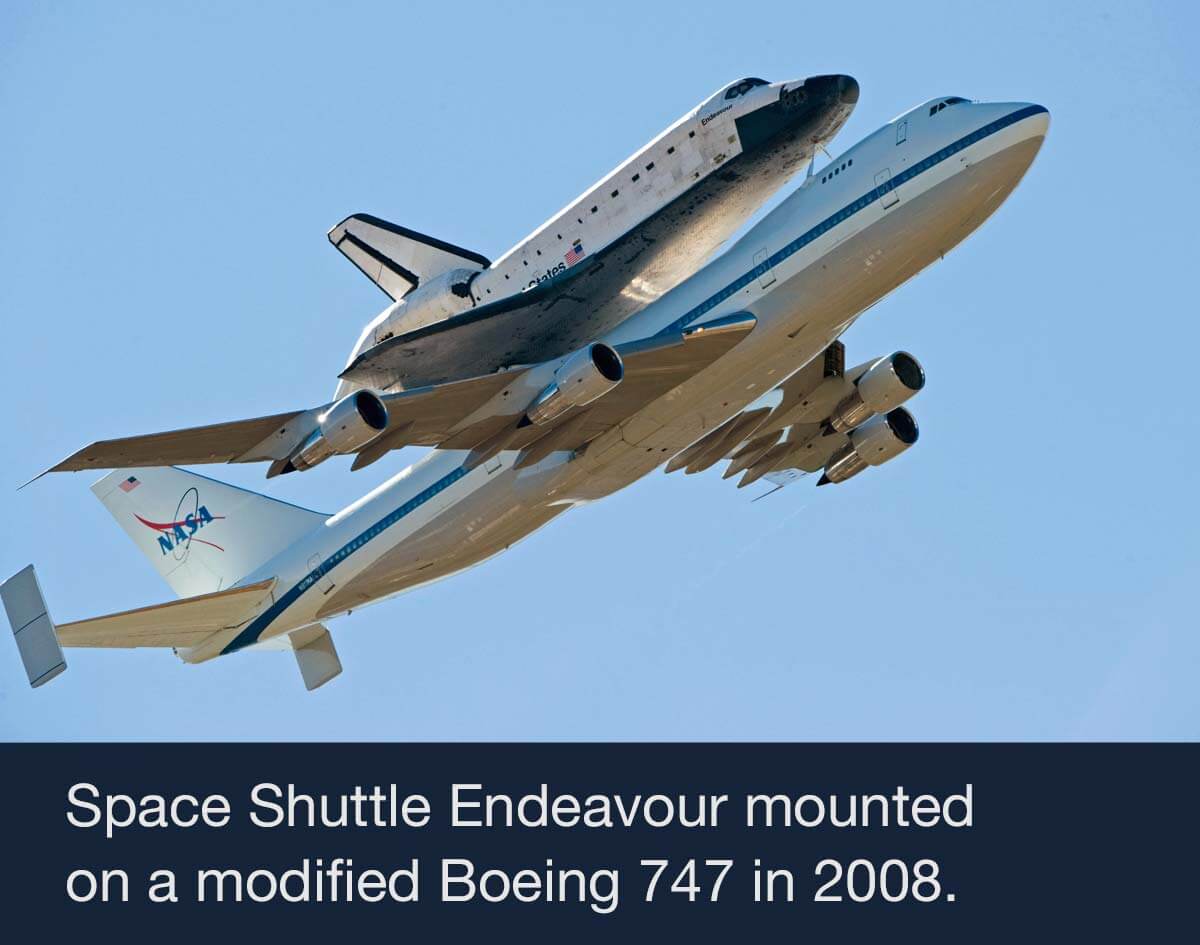 Endeavour shuttle being carried by 747 aircraft in 2008